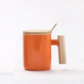 

Wooden handle colored glaze Ceramic Mug 400ml, Creative Moring Mug with Lid,Milk Coffee Tea Unique Porcelain Cups Drinkware