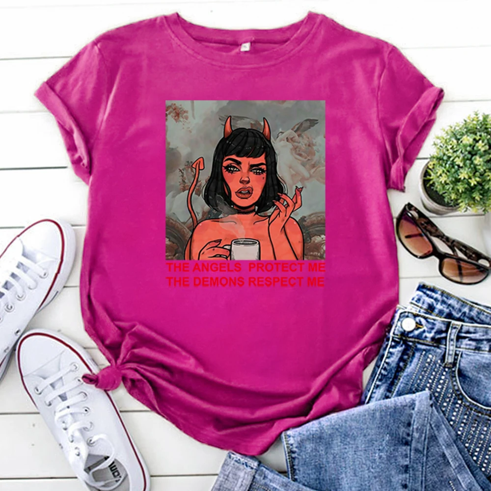 Cartoon Little Devil Girl Printing Womens Tshirts Gothic Harajuku Woman Tee Shirts High Quality Vintage T Shirts For Women'S