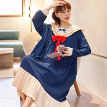 

Blue Lace Nightgown Female Cotton Long Sleeve Sweet and Lovely Princess Style Spring and Autumn Pajamas Home Service Medium Long