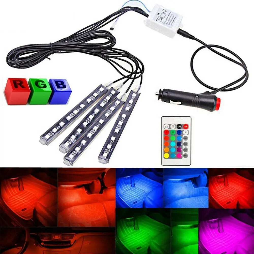 4 шт. 9LED пульт дистанционного управления красочный RGB интерьер автомобиля декор для пола 12 В огни Гибкая полоса атмосферная неоновая лампа