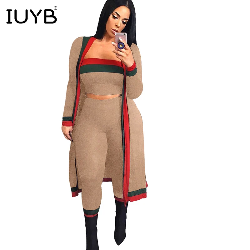 Хаки IUYB, весна, хит, повседневные, женские, 3 шт, одноцветные, 3 цвета, облегающие комплекты, дамские, без бретелек, полный рукав, длинные штаны, комбинезоны - Цвет: Хаки