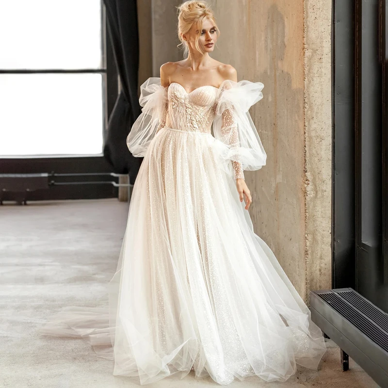 

Блестящее свадебное платье трапециевидной формы из тюля со съемными пышными рукавами