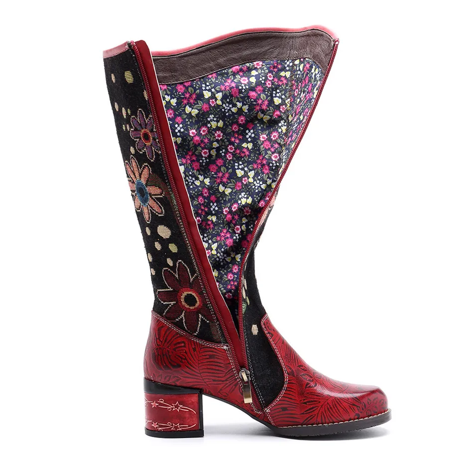Fashion Patchwork Western Cowboy Boots Women Shoes Bohemian Genuine Leather Shoes Woman Vintage Side Zip Knee High Riding Boots (5)