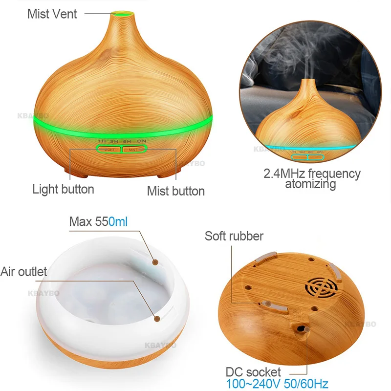  550ML Remote Control Wood Grain Cool Mist Humidifier Ultrasonic Aroma Essential Oil Diffuser Office