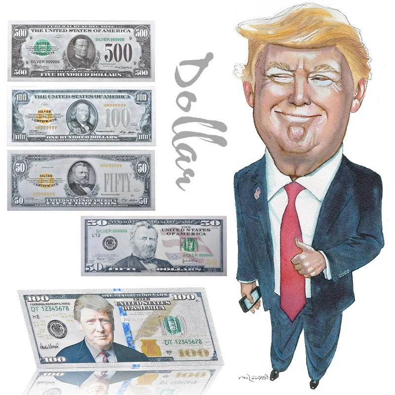 

WR Colorful Silver Banknotes US Trump Fake Banknotes Dollars Replica Money Banknotes Paper Money Collecting for Birthday Gifts