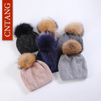 Multiple Styles Fashion Warm Hat Women Winter Beanies Natural Raccoon Fur Pompom Cap Wool Knitted Hats Women High Quality 1