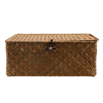 

1Pcs Rectangular Handmade Seagrass Baskets with Lids, Multifunctional Storage Solution for Home Office Kitchen Storage