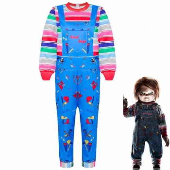 

Kids Halloween Child's Play Chucky Cosplay Costume Boys Girls Cartoon Horror Ghost Doll 3D Printed Long Sleeve Jumpsuits Dress