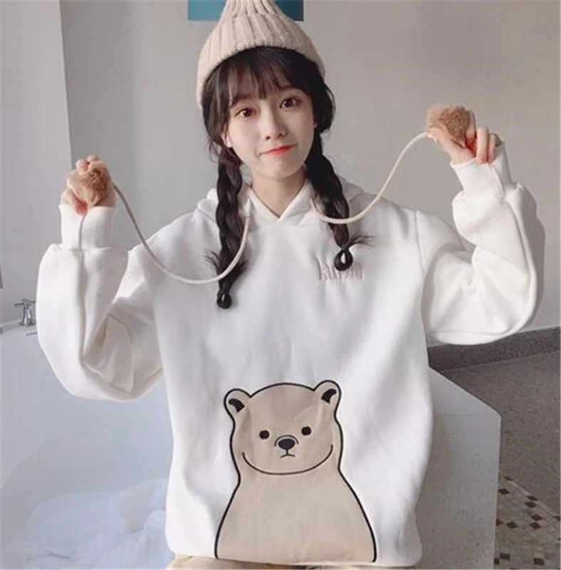 Милые женские толстые флисовые свитшоты с вышивкой и принтом медведя теплые