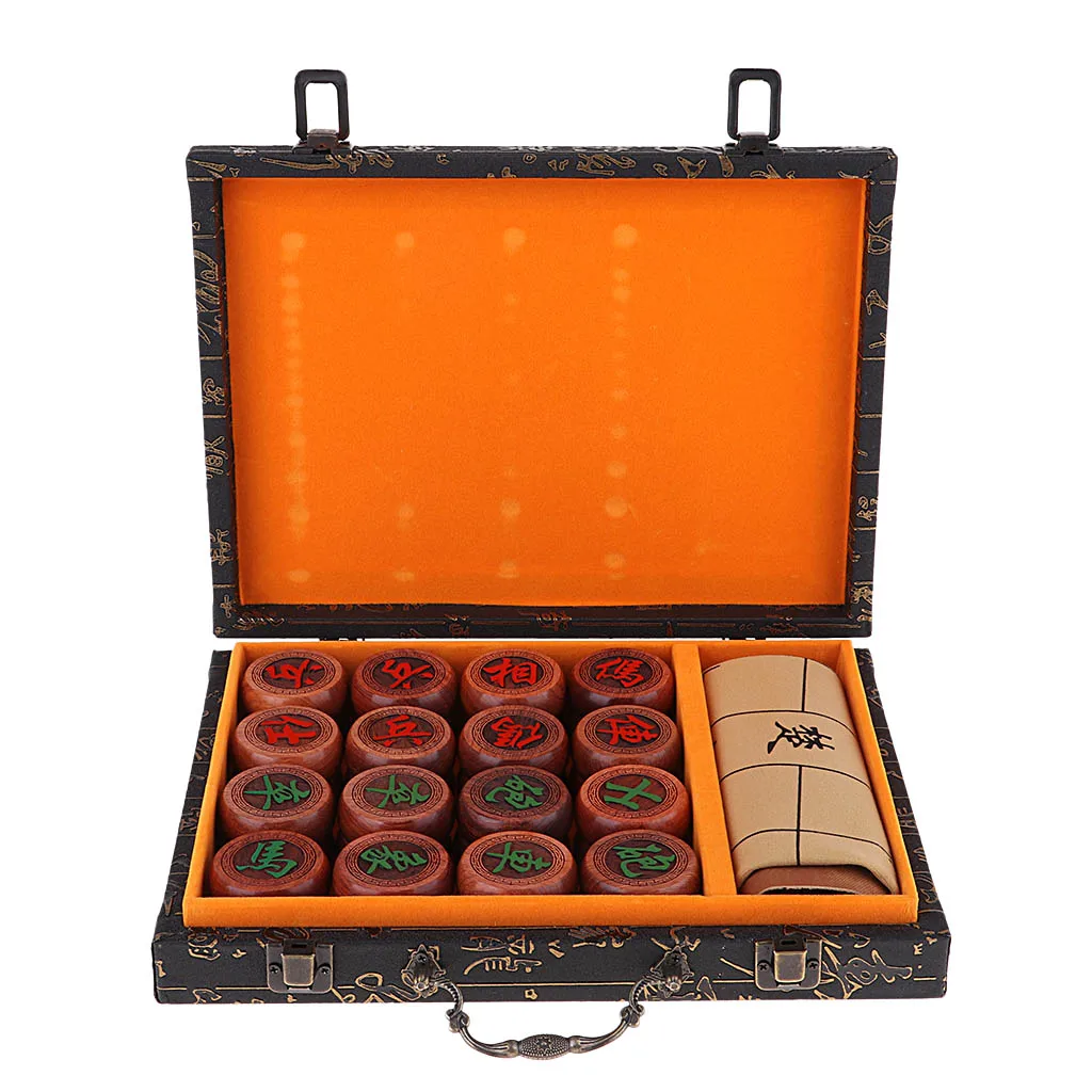 High-end Wooden Chinese Chess - Xiangqi Travel Board Game Set with PU Leather Board for 2 Players