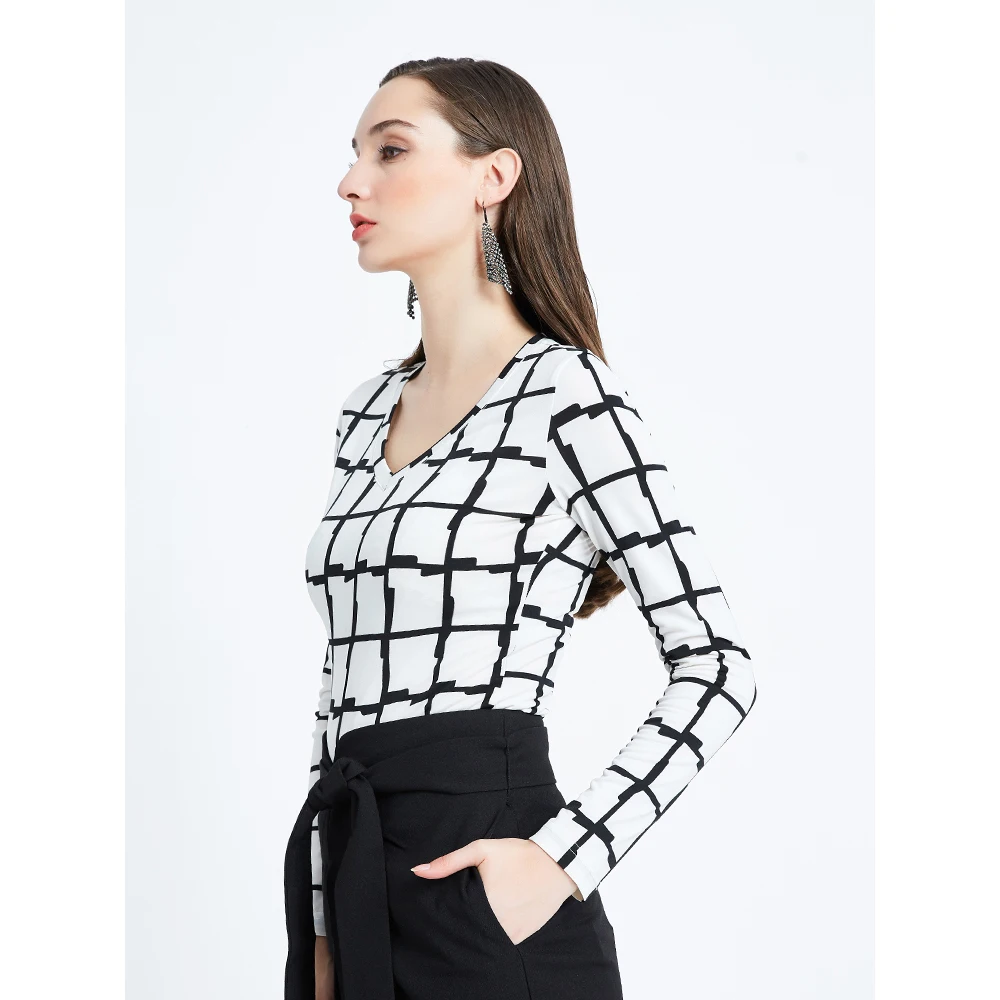 new women's T-shirt long sleeve T-shirt autumn fashion Urban Simple V-neck Plaid top