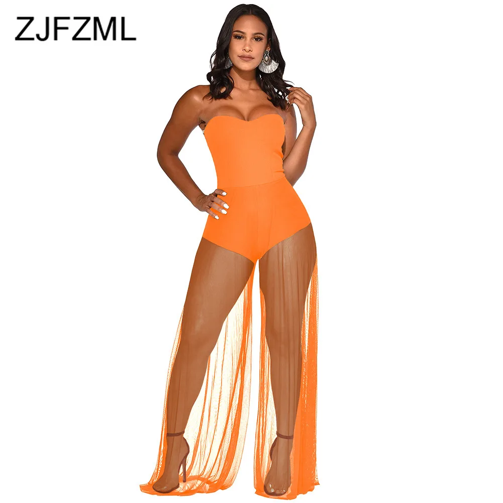 Sheer Mesh Patchwork Sexy Jumpsuit Women Off Shoulder Backless Wide Leg Bodysuit Summer Strapless Sleeveless See Through Romper Sheer Mesh Patchwork Sexy Jumpsuit Women Off Shoulder Backless Wide Leg Bodysuit Summer Strapless Sleeveless See Through Romper