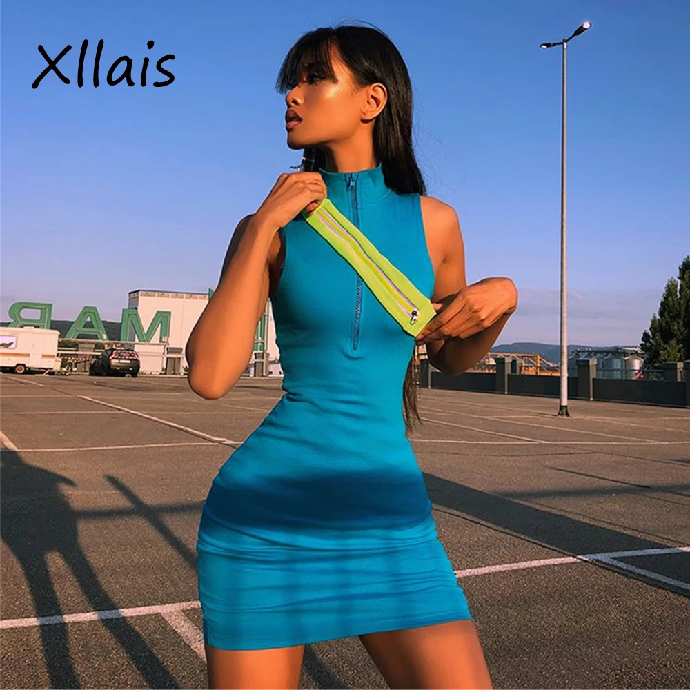 

XLLAIS 2019 New Women Summer Solid Blue zipper High Neck Sleeveless Bodycon Mini Dress Sexy Party Dresses