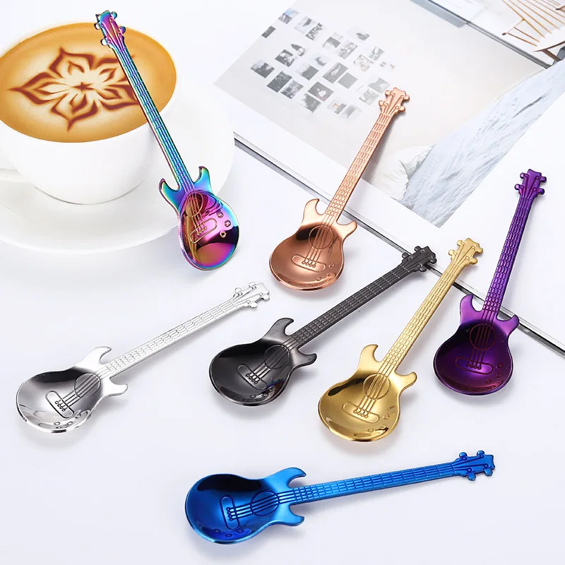 1/3/5/10pcs Stainless Steel Guitar Shaped Love Coffee Spoon Teaspoon Children Spoon 7 Colors Coffee Tea Use Kitchen stainless steel spoon tea spoon