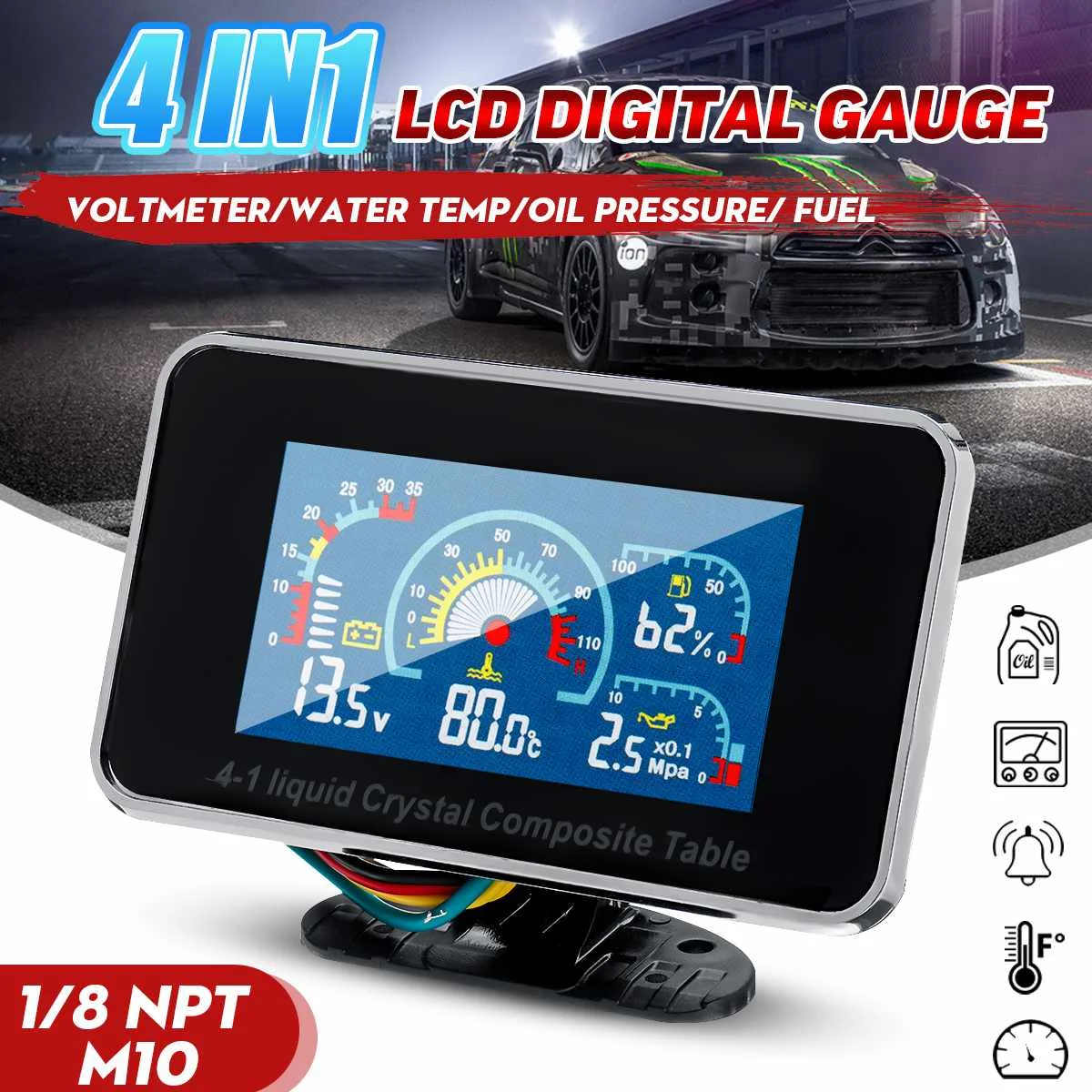 

Hot New 12v/24v 4in1 LCD Car Digital ALARM Gauge Voltmeter Oil Pressure Fuel Water Temp meter 1/8 NPT Oil Pressure sensor
