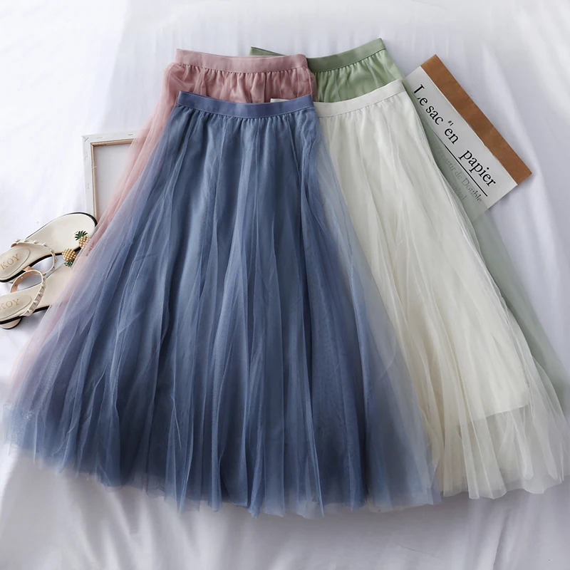 

2022 Fairy Summer Autumn Women Long Mesh Skirt A-line Elegant Tulle High Waist Jupe Korean Sweet Loose School Midi Skirts Saia