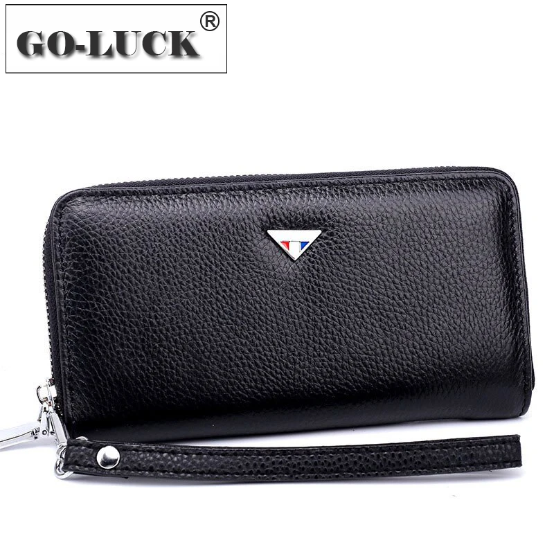 

GO-LUCK Business Wallet Men Genuine Leather Clutches Wallets Cowhide Zipper Card Holder Cell Phone Pouch Case Coin Bag