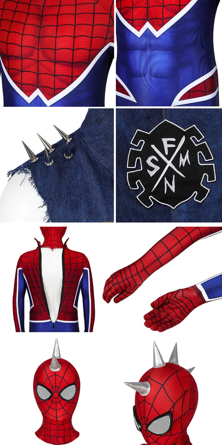 Game Ps4 Spider-Man Costume Spider-Punk Rock Homecoming Cosplay Superhero Halloween Jumpsuit Denim Vest Zentai For Children Kids