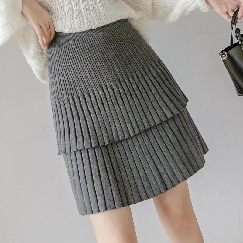 Новая осенне-зимняя короткая трикотажная юбка для женщин с высокой талией двухслойный гофрированый мини-юбки женские хип-пакет faldas mujer