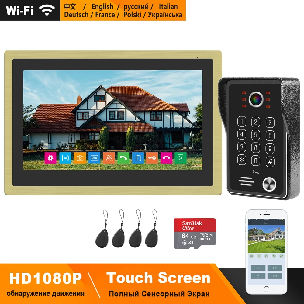 HomeFong Wireless Video Door Phone Wifi Video Intercom for Home 10 inch Touch Screen 1080P Camera Smart Phone Real Time Control