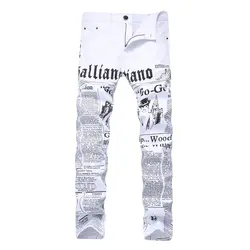 Джинсы мужские осенние джинсовые брюки классические газета Письмо Печатные уличные тонкие брюки ковбойские модные белые мужские джинсы