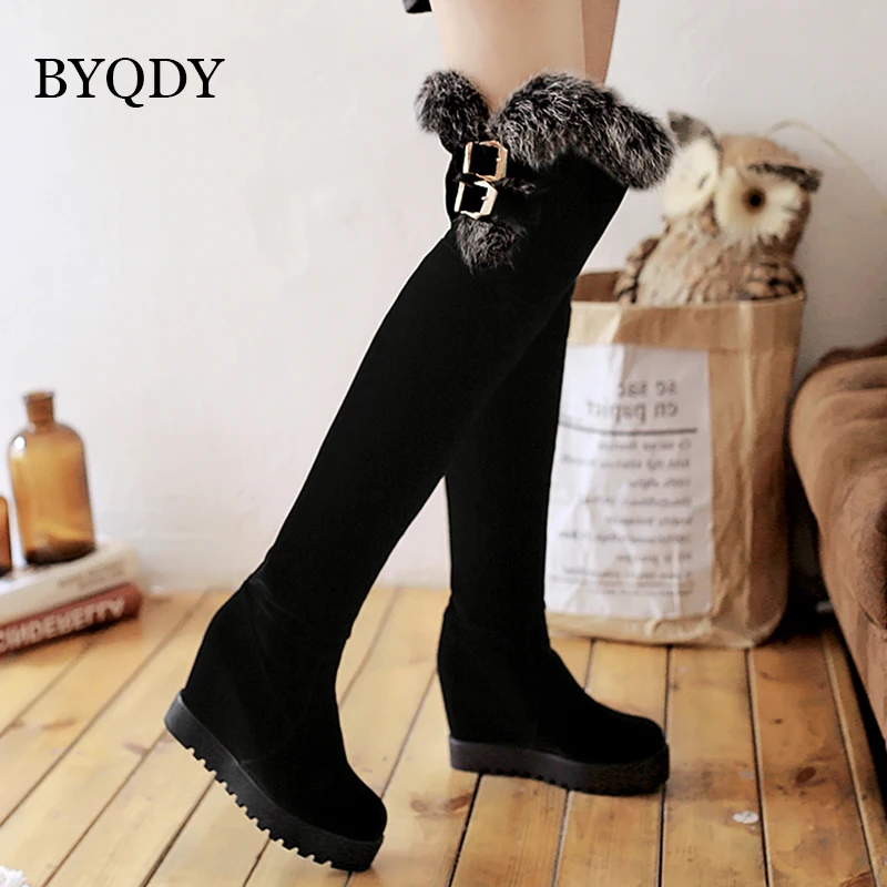 

BYQDY Sexy Over The Knee Boots Women Faux Rabbit Round Toes Increasing Height Shoes Casual Dress Winter Boot Shoes Plus Size 43