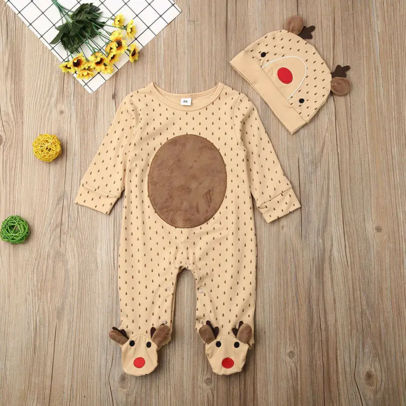 

Pudcoco Autumn Newborn kids Baby Boy Girl Christmas Clothes Cute Deer Print Long Sleeve Romper Jumpsuit+Hat Outfits