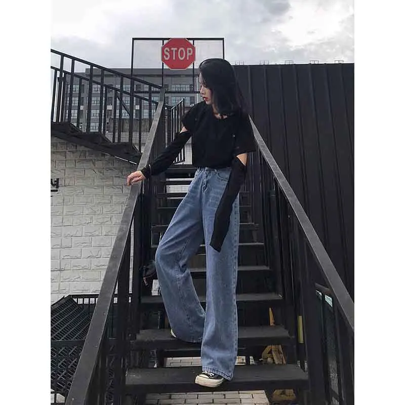 

New Loose Vintage Woman Jeans 2019 Autumn Bleached Casual Denim Wide Leg Long Pants Oversize High Waist Jeans