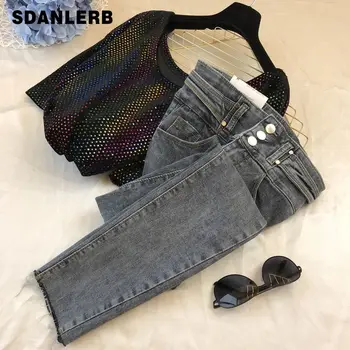 

Denim Jean Pants Woman 2020 Spring New Korean-Style Ins Temperament High-Waist Side Belt Stretch Slim-Fit Jeans Ropa Mujer
