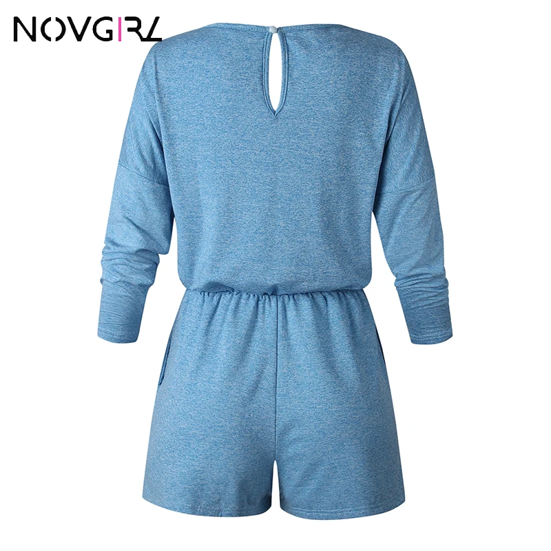 Novgirl/мягкий хлопковый комбинезон для женщин, осень, v-образный вырез, длинный рукав, пояс, широкие штанины, комбинезон с карманом, уличная одежда, повседневные Комбинезоны