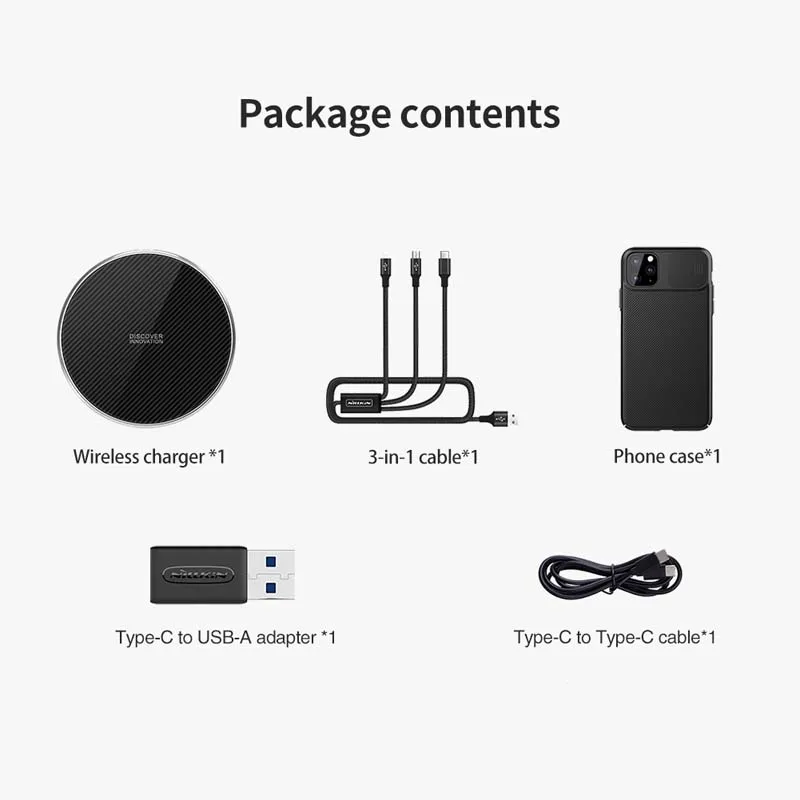  NILLKIN 10w Fast wireless charger support PC/QC input +1.5m 3A 3 in 1 charging cable +black case fo - 4000552266507