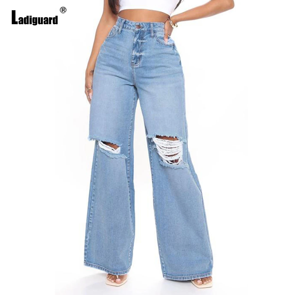 jeans pant Ladiguard Sexy Fashion Wide Leg Pants High Cut Women's Jeans Hole Ripped Denim Pants Vintage Shredded Denim pants Vaqueros Mujer buckle jeans