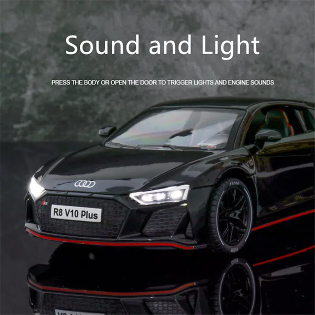 1:24 AUDI R8 V10 Plus Alloy Sports Car Model Diecasts Metal Toy Car Model High Simulation Sound Light Collection Kids Toys Gifts 5