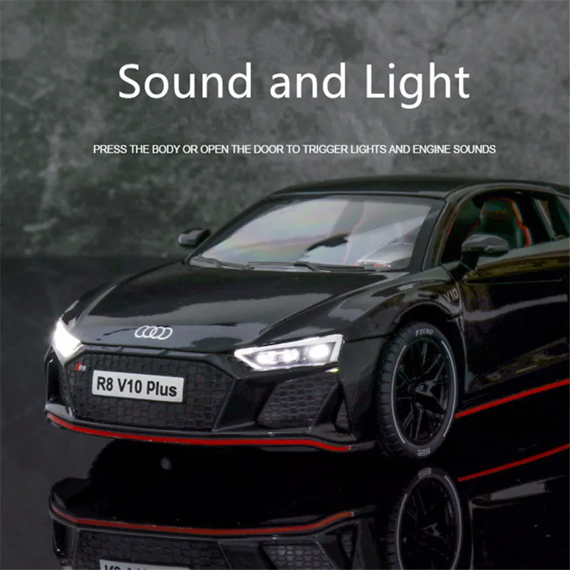 1:24 AUDI R8 V10 Plus Alloy Sports Car Model Diecasts Metal Toy Car Model High Simulation Sound Light Collection Kids Toys Gifts 5