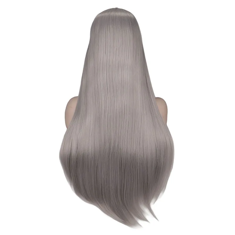 WHIMSICAL W Long Silky Straight Silver Grey Color Straight Wigs Lace Front Synthetic Wig for Women Natural Hand Tied Hair