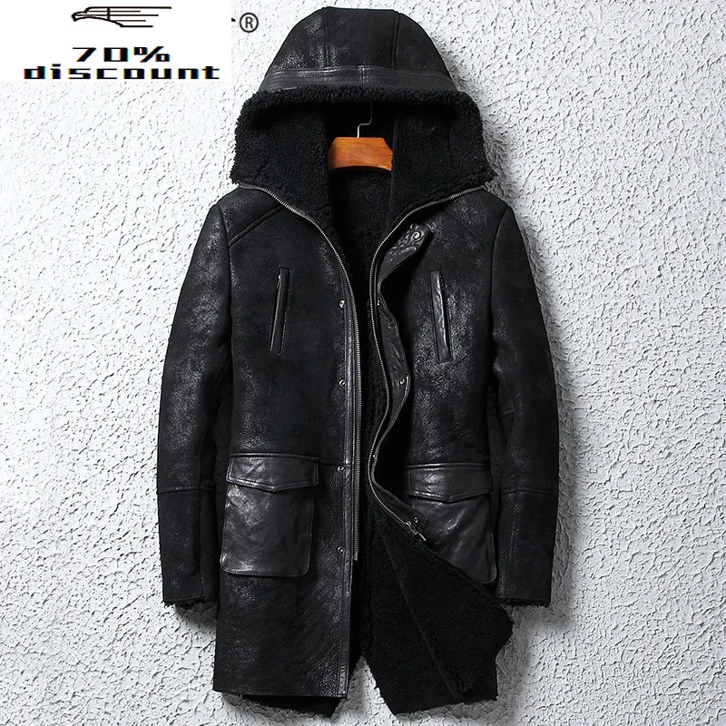 

Genuine Leather Jacket Men Winter Real Fur Coat Men Hooded Shearling Jacket Sheepskin Leather Coats Long WpJM2005 KJ3805