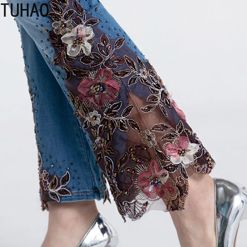 

TUHAO 2020 Spring Summer High Waist Stretch Large Size 7XL 6XL 5XL Lace Embroidered Flower Jeans Women Nine Pants Office Lady WM