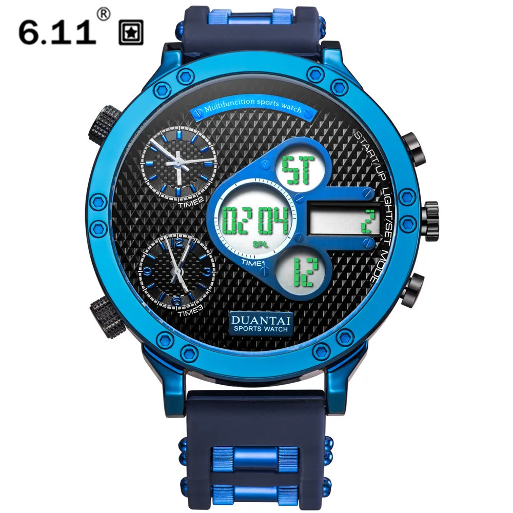6 11 DUANTAI синие часы PU ремешок кварцевые три часовых пояса Relojes Para Hombre роскошные для