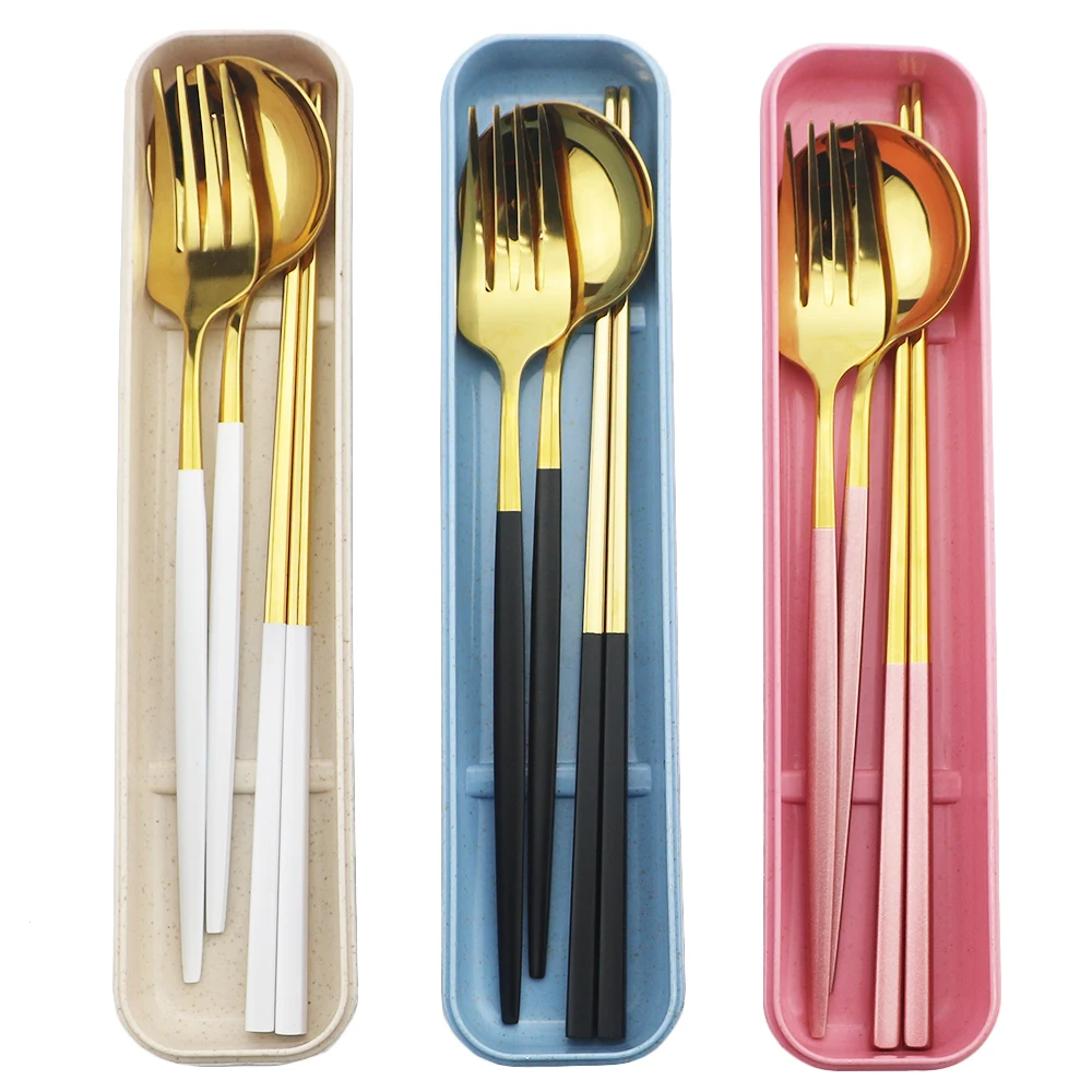 

4Pcs/Set Gold Cutlery Set 18/10 Stainless Steel Dinnerware Set Chopstick Fork Spoon Set Silver Tableware Set with Box For travel