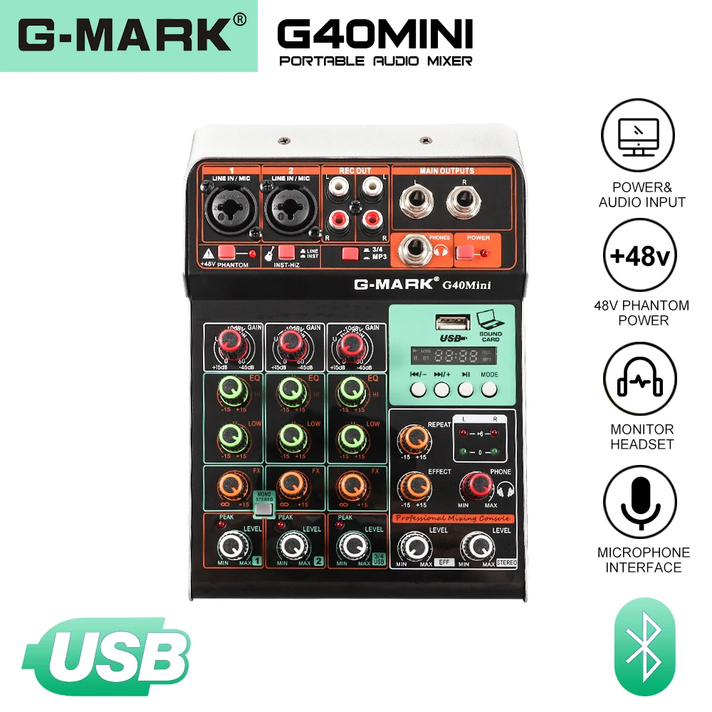 G-MARK G40Mini аудио DJ микшер переносной музыкальный микшерный пульт Bluetooth USB 48В Мощность для ПК Запись в прямом эфире Вечерние - изображение