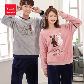 

Autumn Winter Flannel Couple Pajamas Set O-Neck Thicken Warm Long Sleeve Home Service Suit Casual Women Lovely Cartoon Sleepwear