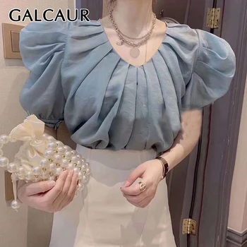 

GALCAUR Korean Ruched Shirt For Women V Neck Puff Short Sleeve Oversize Loose Casual Blouse Female 2020 Fashion New Clothes