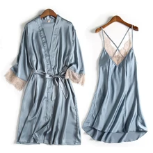 Шелковые пижамы, женские пижамы, платье, 2 шт., пижамы, большие, женские, сексуальные, с длинным рукавом, ночная рубашка, домашняя одежда, халат, одежда для отдыха, пижамный комплект