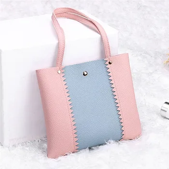 

Women Casual Simple Shoulder Handbag Phone Coin Purse Color Matching Lychee Key Case Stitching Bag Ladies PU Leather Bags 2020