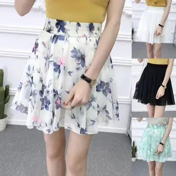 

Women Summer Floral Print Pleated A-line Mini Skirt Elegant Chiffon Elastic High waist Short Beach Holidays Casual Skirt Boho Co
