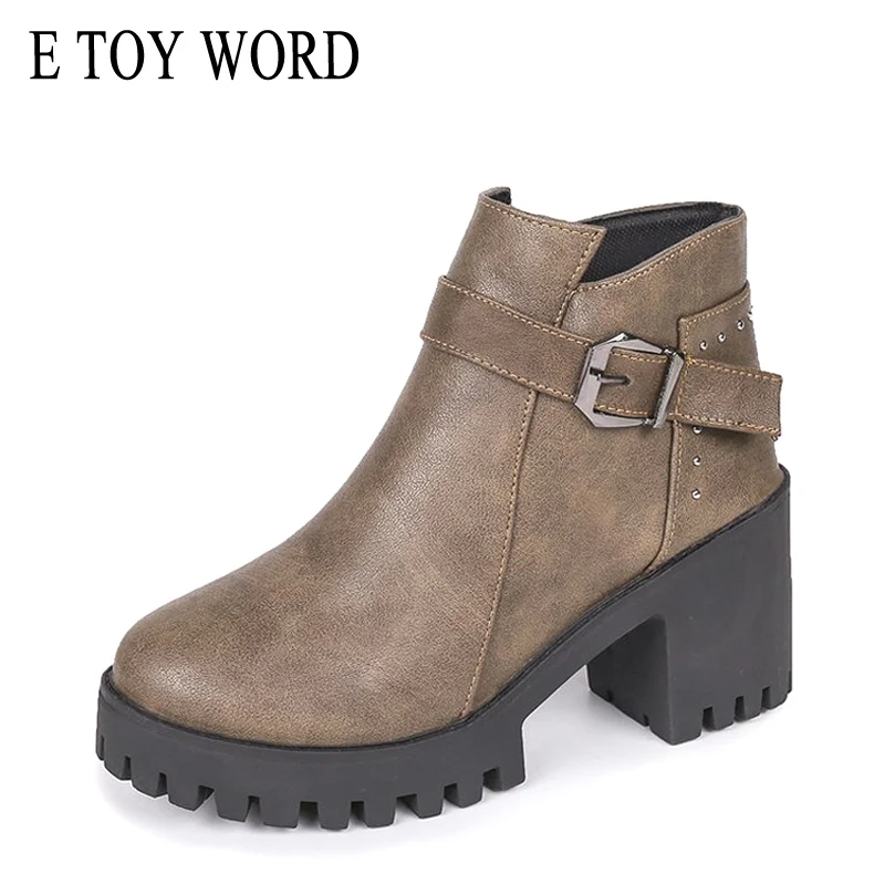 E TOY WORD 2019 Autumn New Martin boots Female England casual Square with High Heels Zipper Booties Ankle boots Women Shoes