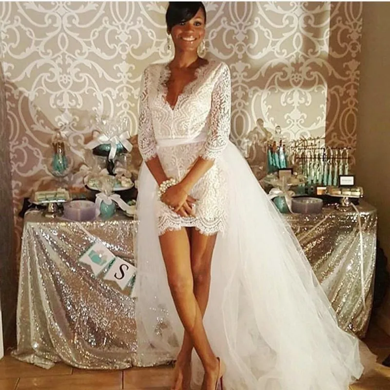 

Beach Mini Sheath Lace Wedding Dresses With Detachable Train Three Quarter Sleeves V Neck High Low Bridal Dress Cheap Boho Gown