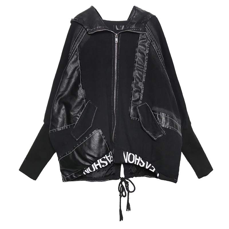 [EAM] Loose Fit Black Denim Split Big Size Jacket New Hooded Long Sleeve Women Coat Fashion Tide Autumn Winter 1K346 - Цвет: black