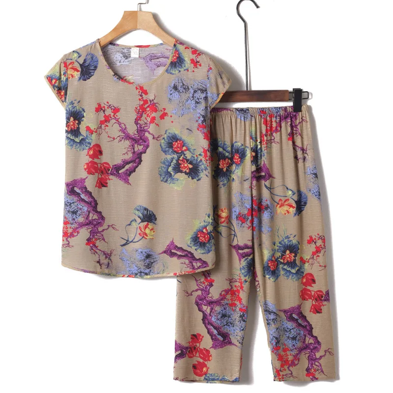 

2PCS Mother Nightie Linen Cotton Home Clothes Plus Large Size XL-4XL Pajamas Sets Female Short Sleeve Summer Women Pijama