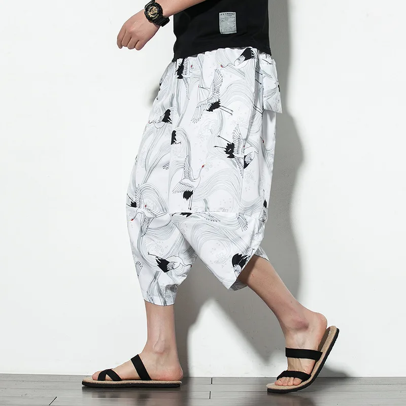 Summer 2019 New Cotton and Hemp Seven-minute Pants Men's Chinese Wind Large Size Lantern Pants Men's Printed Hallen Shoes